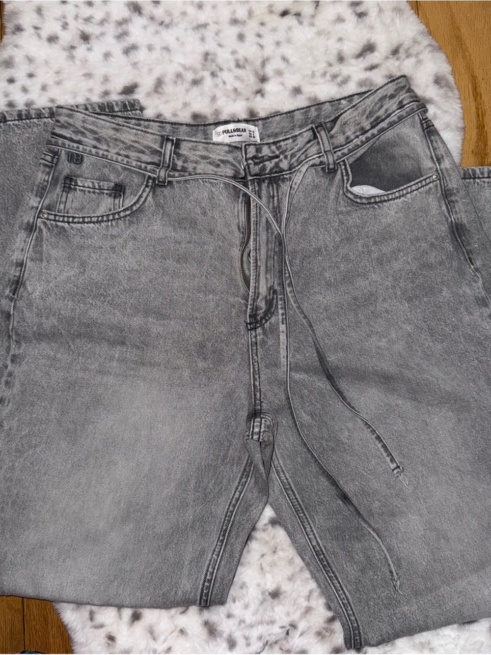 Pull&Bear Men's Washed Gray Relaxed Jeans with Drawstring